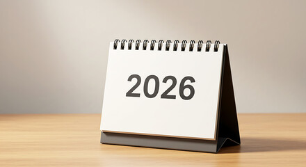 Desk Calendar Displaying Year 2026 on Wooden Table

