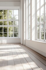 Fototapeta premium Bright and Airy Indoor Space With Large Windows and Wooden Flooring in a Modern Design
