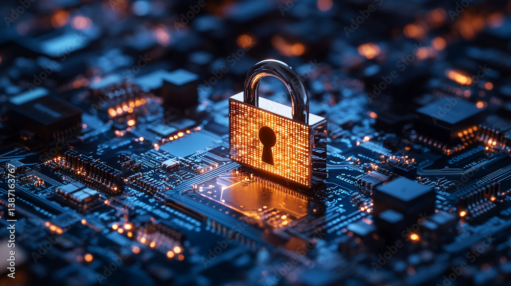 Poster cybersecurity padlock on circuit board for data protection and network security solution concept des