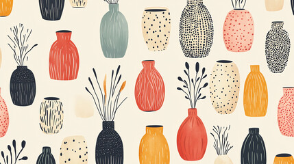 Seamless pattern with vases vector art print home decor wallpaper background design decorative pottery style