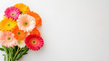 A bouquet of gerbera daisies in various shades of orange, pink, and red sits on a white background. The flowers are brightly lit, creating a cheerful mood. The image is high-resolution and features a