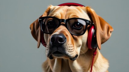 big dog in glasses and headphones on a gray background