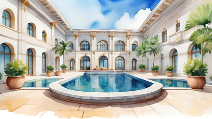 Luxurious Villa Courtyard with Swimming Pool in Watercolor Style Illustration