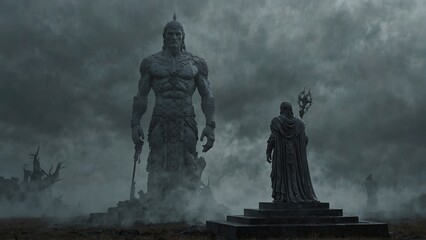 Fototapeta premium A statue of Solkanis, lord of mist, parting shifting fog to reveal illusions of time
