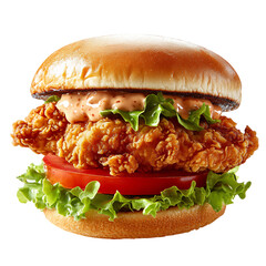 Crispy Fried Chicken Sandwich with Lettuce Tomato Isolated on Transparent Background
