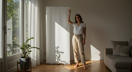 Sunlit Studio: Young Woman by White Canvas, Plant, and Window Light.