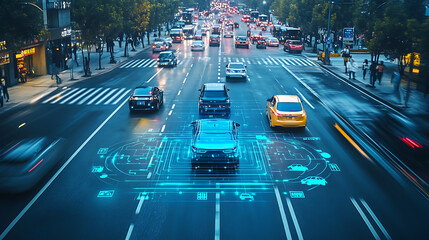 An AI powered system optimizing autonomous vehicle navigation by analyzing road conditions, traffic data, and pedestrian movement to ensure safe and efficient driving