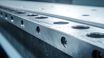 Steel Surface: A close-up shot of a pristine steel surface, showcasing precision engineering through a series of precisely drilled holes. The industrial aesthetic evokes a sense of strength.
