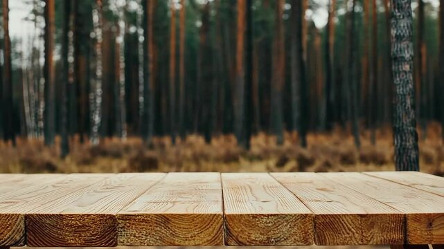 Rustic wooden picnic table set against a blurry autumnal forest backdrop under an overcast sky creates a serene outdoor scene