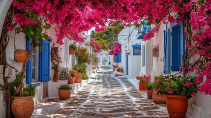Picturesque alleyway with vibrant bougainvillea, whitewashed buildings, and blue shutters.  Charming, colorful, and idyllic Greek village