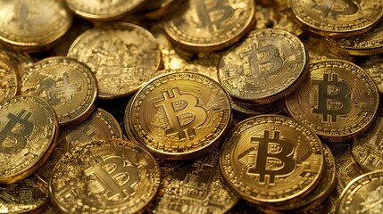 Gold Bitcoin Coins, Close-Up, Digital Currency, Pile