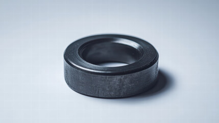 A close-up shot of a dark-colored, solid, geometric ring on a neutral background, offering a view of its circular form and industrial feel.