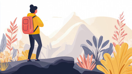 Obraz premium Adventure Awaits: Backpacker Contemplates Mountain Scenery, Travel and Exploration Concept, for Print, Card, or Poster