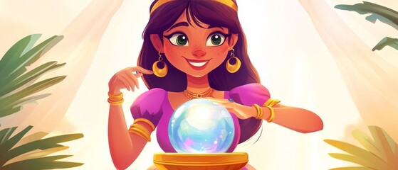 Naklejka premium Cartoon woman with crystal ball in a bright setting with