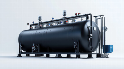Naklejka premium Industrial Tank with Plumbing: A detailed view showcases a large, industrial tank with complex plumbing. The image evokes a sense of precision, efficiency.