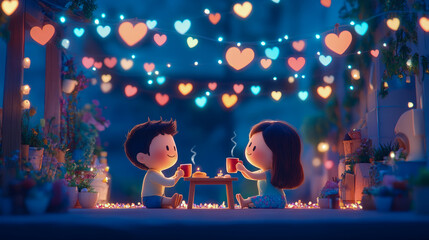 Valentine's Day: Romantic date under heart-shaped lights - a charming backdrop for love celebration, design for card, invitation, or romantic event