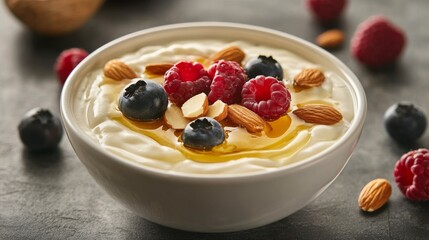 A bowl of creamy yogurt with honey, almonds, and berries. Featuring sweetness and health