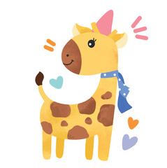 Giraffe birthday hat party hand drawn watercolor illustration 