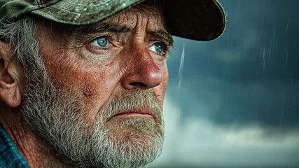 Melancholic Gaze: A close-up portrait of a weathered senior man, his blue eyes reflecting a poignant mix of experience and contemplation. Overcast sky frames the scene. - Powered by Adobe