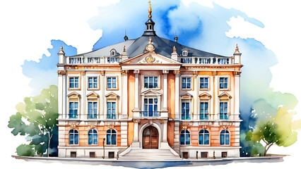 Obraz premium Watercolor Illustration of Historic Building with Trees and Blue Sky