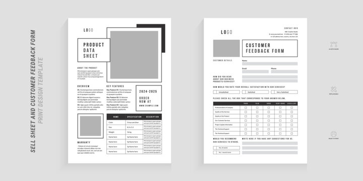 Minimal black and white product sell sheet and customer feedback form design template set