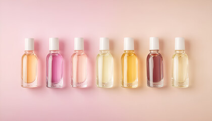 Nail polishes in bottles on color background, flat lay. Space for text