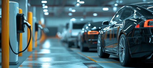 Obraz premium Electric Vehicle Charging Stations in Underground Garage