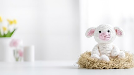 Fototapeta premium Handmade crocheted white lamb toy sitting in a small straw nest on a white table with spring flowers in a bright room.