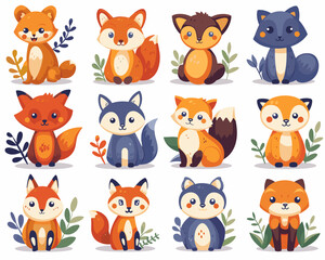 Fototapeta premium Set of cute cartoon animals on white background. Vector illustration for your design.