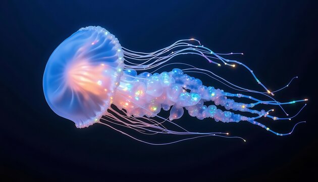 Bioluminescent Jellyfish Floating Gracefully In Dark Ocean Depth Underwater Marine Life