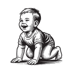 A Captivating Woodcut Style Illustration of a Gleeful Baby Exploring the World