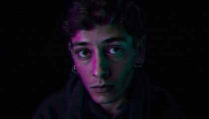 Portrait Of A Young Man With Glitch Effect And Magenta Green Light