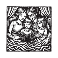 A family sharing a storybook at bedtime in monochrome woodcut illustration