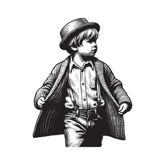 Obraz premium A nostalgic monochrome sketch of a young boy dressed in vintage attire