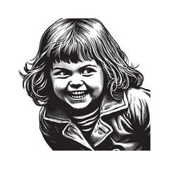 A young girl with expressive eyes and a mischievous grin, rendered in woodcut style