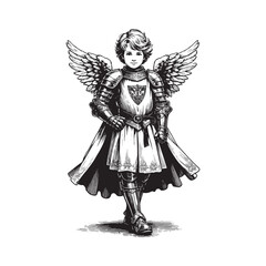 Fototapeta premium Angelic knight young hero in ornate armor with wings woodcut style illustration