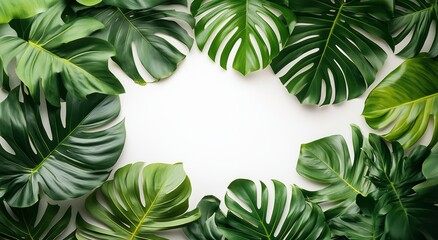 Lush Green Tropical Leaves Arranged on a White Background for Decoration and Design Inspiration
