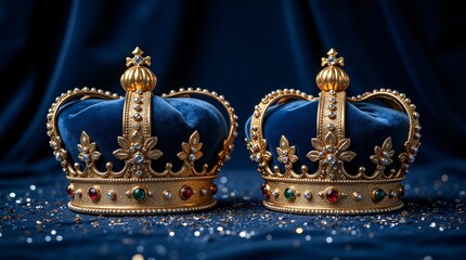 Two regal blue velvet crowns, adorned with gold and shimmering jewels, rest majestically on a dark blue, glittering surface. A symbol of power and prestige.