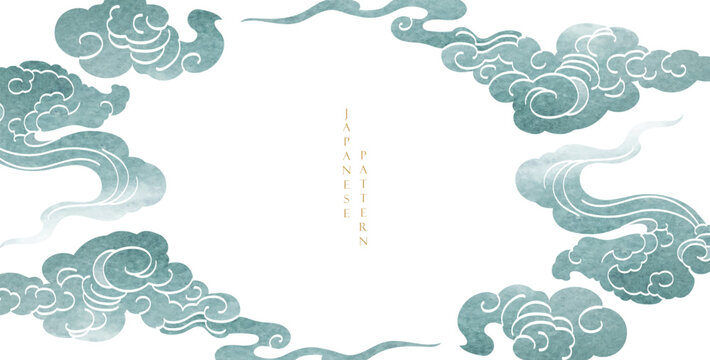 Japanese background with hand drawn line cloud pattern vector. Vintage template with geometric pattern border and frame design.