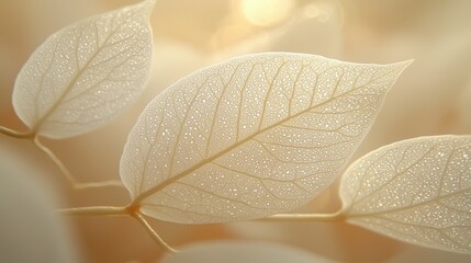 Obraz premium A close-up reveals a mesmerizing dance of delicate white leaves, their veins shimmering like silver threads against a soft, off-white canvas, creating a seamless and ethereal pattern. 
