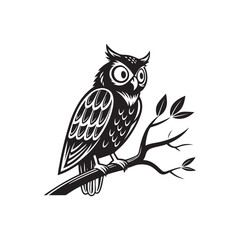 Flat Vector Black owl sitting on a branch isolated on a white background