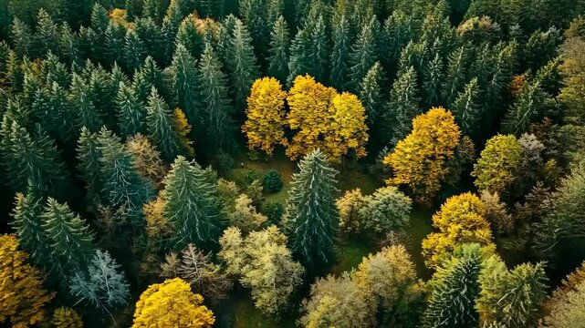 Aerial view of a dense forest with vibrant autumn foliage, green evergreen trees and patches of yellow and brown leaves in woodland.