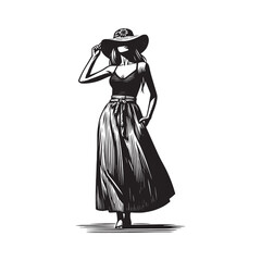 Fototapeta premium Elegant woman in maxi skirt and straw hat black and white woodcut design