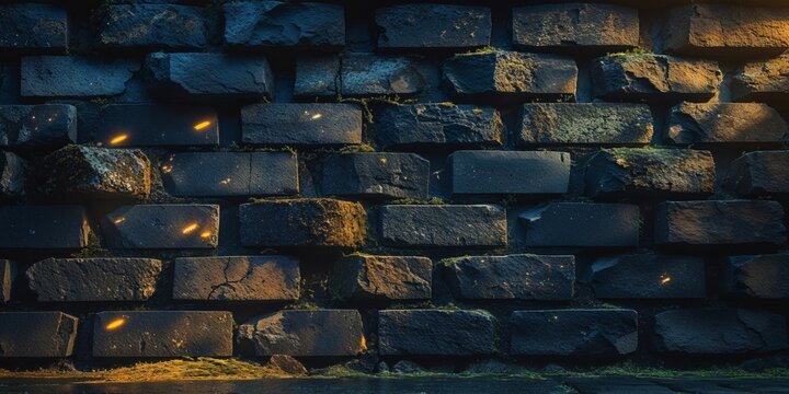 A dark textured wall composed of stacked stone bricks