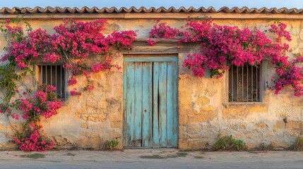 Fototapeta premium Rustic stone house with vibrant bougainvillea
