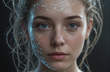 Young woman's face with intricate, glowing light blue patterns resembling a technological connection or augmented reality overlay. Dark, slightly blurred background. Represents future tech, digital id