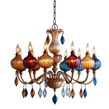 A 15th-century Venetian glass chandelier, intricately designed with colorful glass beads, isolated on a white background.