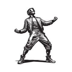 Obraz premium Futuristic holographic man pumps fists in celebration a woodcut style