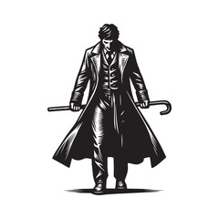 Obraz premium Monochrome depiction of a man in dark attire holding cane in woodcut style