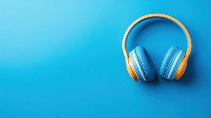 Colorful Blue and Yellow Headphones on a Bright Blue Background Ideal for Music and Audio Themes